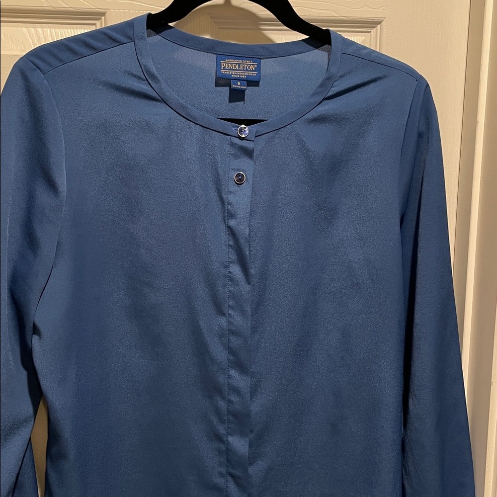 Pendleton blue collarless button down blouse - image 3